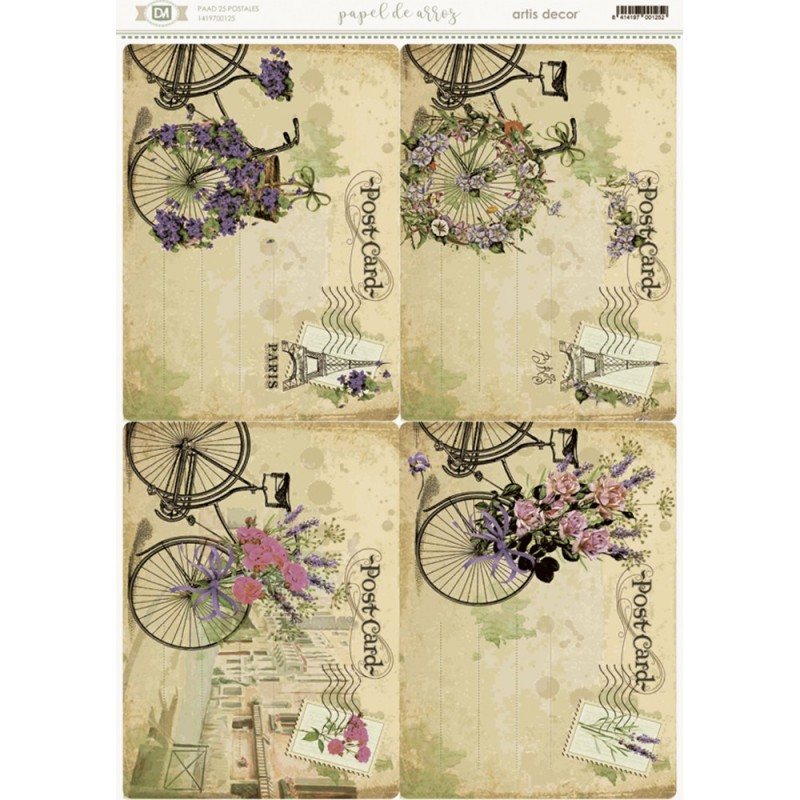 Papel de arroz, diseño de 4 postales con bibicleta y flores.
